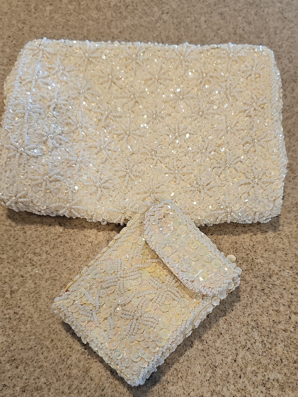 Vintage  1950s Ivory Beaded Sequin Clutch & Cigarette Case